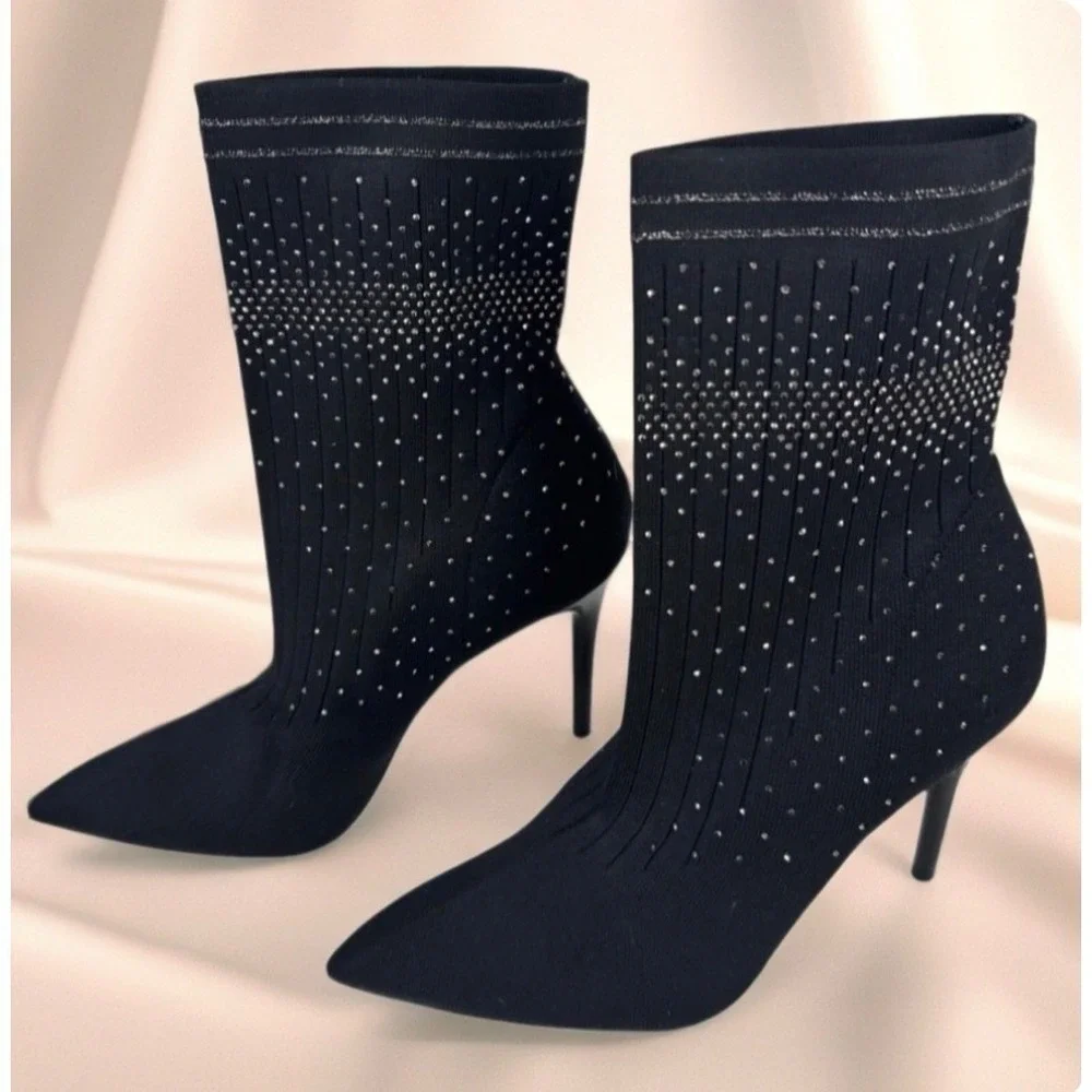Jessica Simpson Lytona Booties Womens 9 Black Rhinestone Stiletto Sock Boots